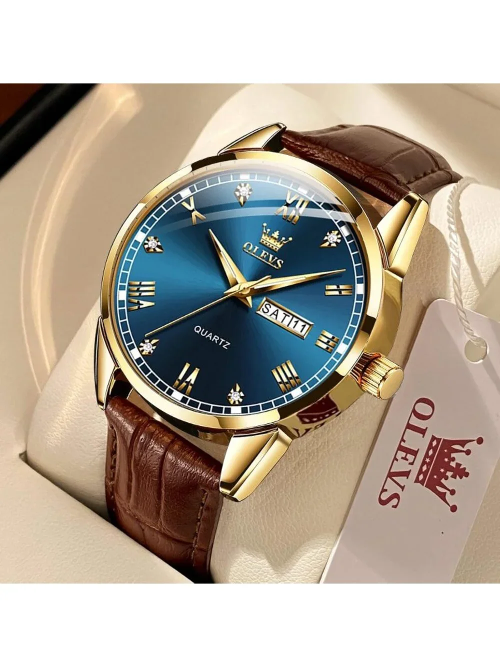 Men's Blue Fashion Quartz Leather Brown Buckle Waterproof Luminous Round Watch